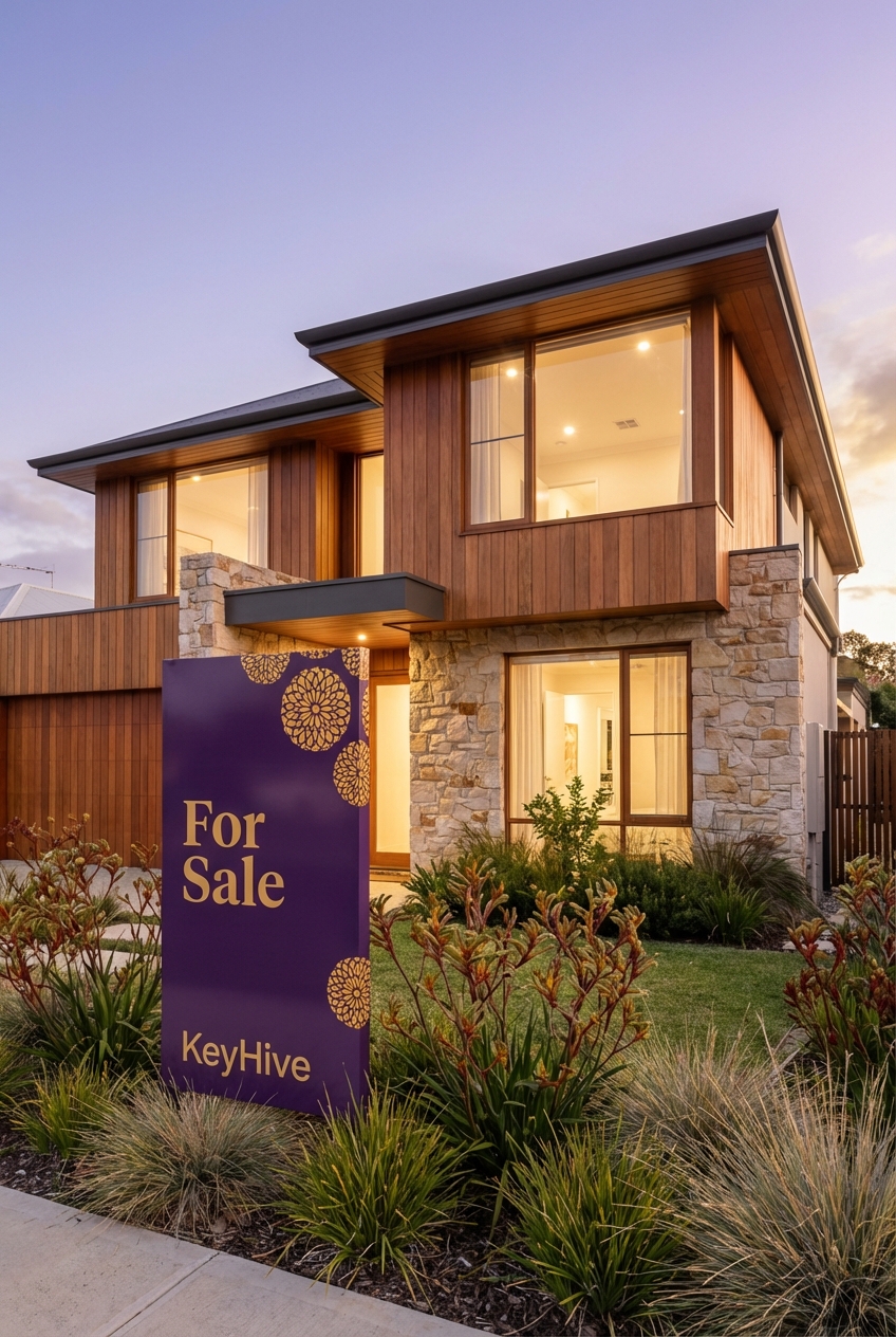 A modern Perth home with a KeyHive For Sale signboard at golden hour